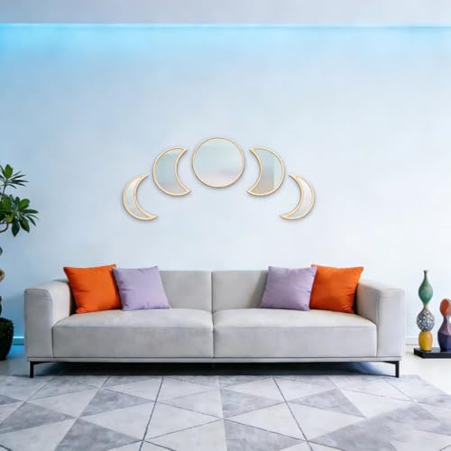 5-Piece Set of Moon Phase Mirror Decorations in Nordic Style, Acrylic Mirror paired with Wooden Combination, Bohemian Style Living Room Bedroom Home Decoration, Beige (Beige) - color: Beige
