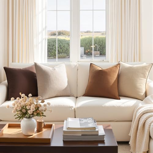 Pack of 4 Linen Lumbar Pillow Covers Neutral Farmhouse Couch Throw Pillows for Bed Accent Modern with Flange Design Pillowcase Sofa Livingroom Home Decor 12x20 Inch - color: Neutral Brown, size: 20" x 12" (Pack of 4)