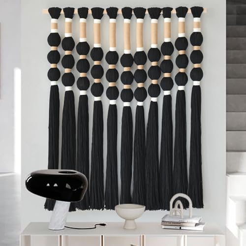 Macrame Wall Hanging Boho Wall Decor Black Fiber Yarn Wall Art Handmade Cotton Spherical Knot for Living Room Bedroom Nursery Office Home Decor27" W x 33" L - color: Black