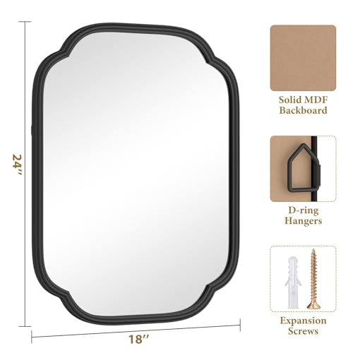 Ferytange Black Bathroom Mirror for Wall, 18" x 24" Rectangular Wall Mirror for Bathroom Metal Frame Farmhouse Rounded Corner Wall Mirror (Horizontal/Vertical) - color: Black, size: 24"L x 18"W