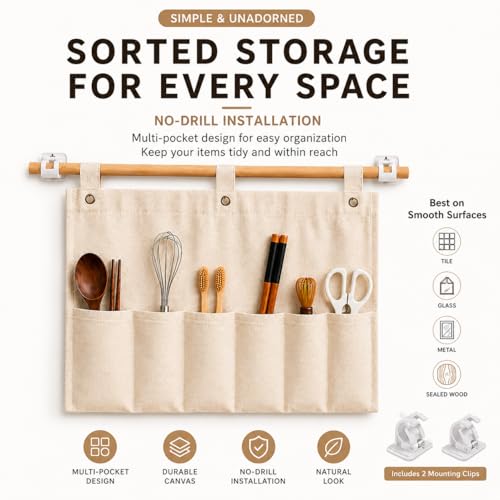 No Drill Canvas Wall Organizer with Mounting Clips, Hanging Pocket Organizer with Wooden Rod, Fabric Wall Storage for Bedroom, Bathroom, Entryway (Medium & Small Set) - size: Medium & Small Set
