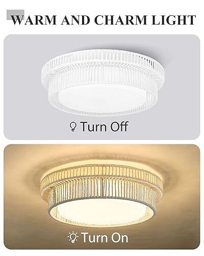 Rattan Light Fixtures Ceiling Mount, HWH 15W LED Flush Mount Ceiling Light 13'' Boho Twine Light Fixtures Coastal Lighting Fixtures, White Finish, 5HYS78F-LED WH - color: White, size: 13 Inch