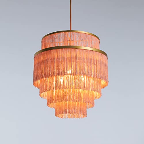 5-Tiered Boho Chandelier with Metal and Fringe,3 Lights Fringe Pendant Light Fixture,Tassle Chandelier for entryway,Dining Room,Baby Nursery - color: Pale blush/Coral-Pendant