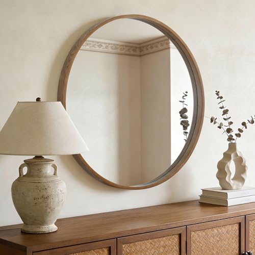 WallBeyond Round Wood Mirror, 32" Round Modern Decoration Large Circle Wall Mirror for Bathroom Living Room Bedroom Entryway, Walnut - color: Walnut, size: 32"L x 32"W