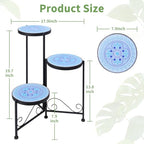 3 Tier Mosaic Ceramic Top Plant Stand, Foldable Wrought Iron Flower Pot Holder, No Assembly Required Space Saving Plant Shelf for Indoor Outdoor Patio Garden Balcony Decor