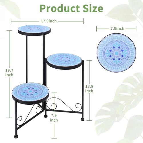 3 Tier Mosaic Ceramic Top Plant Stand, Foldable Wrought Iron Flower Pot Holder, No Assembly Required Space Saving Plant Shelf for Indoor Outdoor Patio Garden Balcony Decor