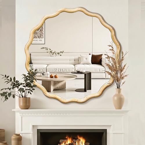 Circle Wood Mirrors for Wall, Wavy Round Bathroom Scalloped Mirror Wooden Frame 36 Inch for Living Room Farmhouse Bedroom Hallway Entryway Living Room with Shatterproof Glass Wall Mounted - size: 36"L x 36"W