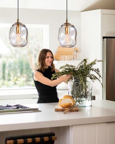 CASAMOTION Pendant Lights Kitchen Island 2 Pack Modern Contemporary Clear Glass Organic Globe Brass Gold Hanging Light Adjustable Cord Bedroom Dining Table Small Medium Lamp 8 Inch - color: Clear+Gold 8"H-2 Pack