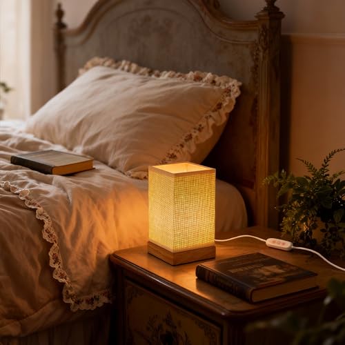 LUSHARBOR Boho Bedside Table Lamp, Decorative Dimmable Rattan Lamp Battery Operated, Small Nightstand Boho Lamp Accent Vintage Table Lamps for Livingroom/Entryway/Tabletop/Desk Decor-Beige - style: USB-WOVEN