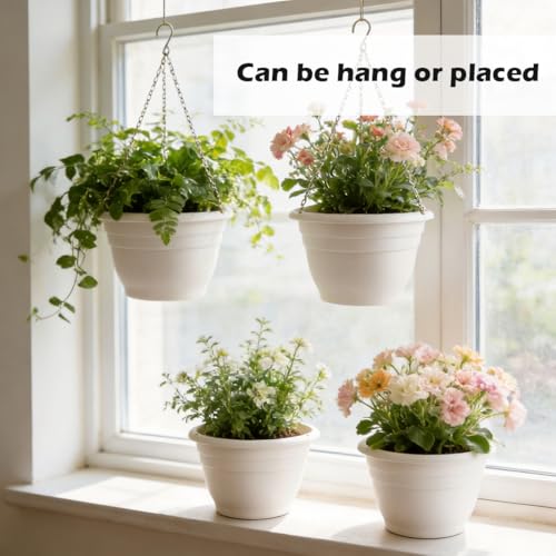 RooTrimmer Hanging Planters 10 Inch, 4 Pcs Flower Pots with Drainage Hole, Self Watering Hanging Basket for Indoor Outdoor Plants, Decor, White - color: White, size: 10 Inch-4P