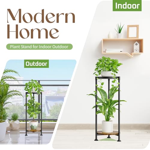 iDavosic.ly 2 Tier Corner Plant Stand Indoor, 30 Inch Tall Vertical Metal Flower Heavy Duty Pot Holder Shelf Outdoor for Patio Porch Living Room, Modern Black & Rustic Brown - Round - color: Black, size: 2 Tiers