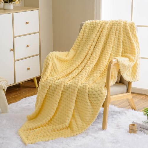 Vessia Flannel Fleece Queen Size Bed Blanket(90x90 inch), 3D Jacquard Light Yellow Fuzzy and Warm Blanket for Adults, 300GSM Super Soft Touch Cozy Lightweight Bed Decor for All-Season - color: Light Yellow-3d, size: 90x90 inch