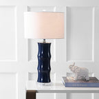 JONATHAN Y 26.5" Navy Blue Ceramic Table Lamp for Living Room, Bedroom Nightstand, White Linen Drum Shade, Bamboo Design Modern Bedside Desk Lamp with LED Bulb Included JYL3015A - color: Navy