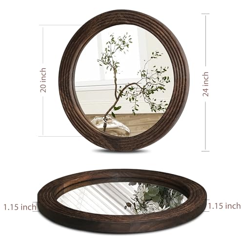 LOSOUR Round Mirror, Farmhouse Decor Solid Wood Frame Wall Circle Mirror, Decorative Mirrors for Bathroom Over Sink, Living Room, Entryway,Bedroom, Entryway, Hallway,Foyer (1, Coffee, 24" L x 24" W) - color: Coffee