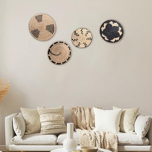 Round Wicker Basket Wall Decor, Set of 4 Hanging Woven Wall Basket Decor Black, Boho Wall Basket Decor Art for Farmhouse Living Rooms Bedrooms Display