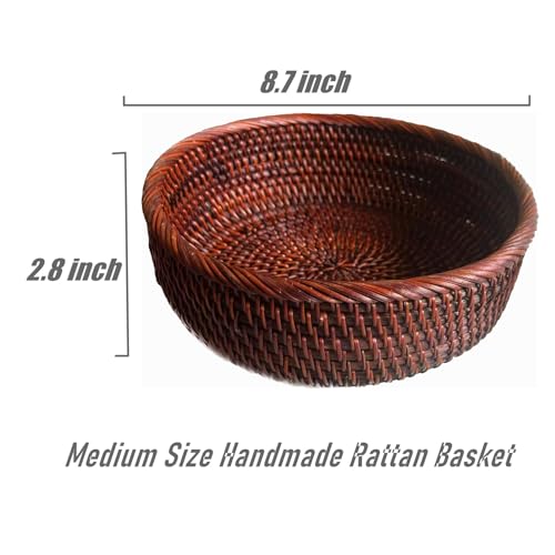 9 Inch Round Rattan Bowl Basket, Handmade Wicker Basket Tray with Scalloped Edge and 3”Deep Wall, Decorative Woven Dark Brown Bread Basket Fruit Bowl Key Holder Table Centerpiece, M - color: M - D8.7 x H2.8 inch