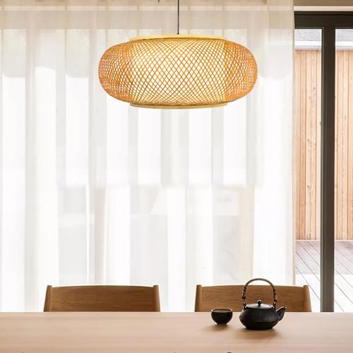Rattan Lantern Pendant Light, 23.5" Retro Ceiling Light 40W Bamboo Wicker Fixture 60CM Vintage Weaving Pendant Lamp Chandelier Rattan Hanging Lights Fixture for Kitchen Island Living Room Bedroom