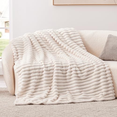 EXQ Home Fleece Blanket Queen Size for Couch or Bed - 3D Stripe Jacquard Decorative Blankets - Cozy Soft Lightweight Fuzzy Flannel Blanket Suitable for All Seasons(90"×90",Beige) - color: Beige, size: Queen