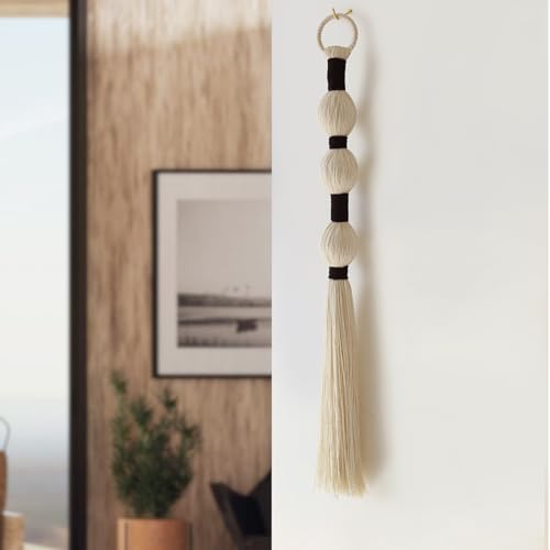 IOWER Macrame Wall Hanging Boho Wall Decor Small Sphericity Cotton Textile Tassel Hanging Fiber Yarn Art for Living Room Bedroom 27'' L x 2.3'' W - color: Ivory and Black