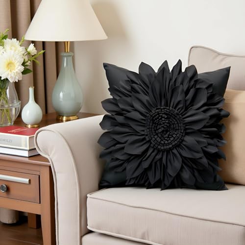 Bella's Giftshop Black Decorative Throw Pillow Covers 18x18 Inch for Bed Sofa Couch, Handmade 3D Accent Sunflower Floral Pillowcase, Living Room Decor - color: Black