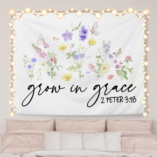 AQYIP Floral Christian Tapestry, Grow in Grace Butterfly Wildflowers Floral Tapestry, Bible Verse Wall Blanket Decor for Home Living Room Bedroom, 50x60 Inch - color: 2 - grow in grace