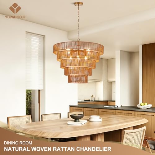 25.6" Large Boho Rattan Chandelier 8-Light Farmhouse Hand-Woven Drum Light Fixture, Vintage Rustic Wicker Rattan Gold Chandelier for Dining Room, Bedroom, Kitchen, Living Room, E12 Base - color: Gold 25IN