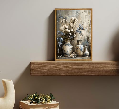 Framed Rustic Farmhouse Floral Canvas Wall Art Blue and White Vase Poster Prints Vintage Still Life Flower Picture Elegant Rural Countryside Painting Wall Decor for Living Room Office Bedroom 8x10in - color: Blue Flower, size: 10"L x 8"W
