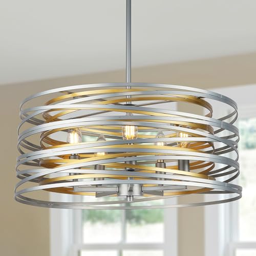 ACNKTZ 19.7'' Double Round Metal Chandelier, 5-Light Modern Farmhouse Dining Room Lights Over Table, Gold Chandelier for Hallway Kitchen Island Entryway Stairwell, Silver with Gold Interior - color: Silver with Gold Interior, size: 19.7"/5-Light