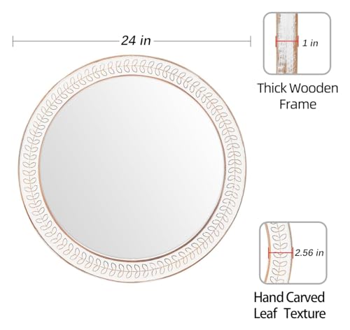 24 inch Round Rustic Wooden Mirrors, Distressed Circle Mirror for Bathroom, Bedroom, Living Room, Entryway, Fireplace, Hall - color: White Leaves, size: 24"L x 24"W