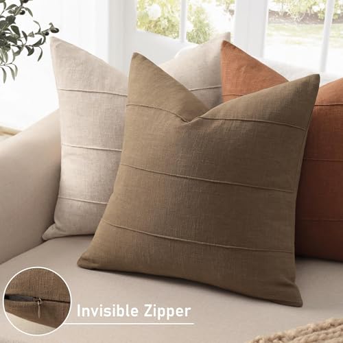 ZWJD Decorative Linen Throw Pillow Covers 16x16 Set of 2 Solid Handcrafted Striped Cushion Covers for Bed Soft Modern Farmhouse Neutral Pillowcase for Couch Bedroom Living Room Home Decor(Coco Brown) - color: Coco Brown, size: 16" x 16" (Pack of 2)