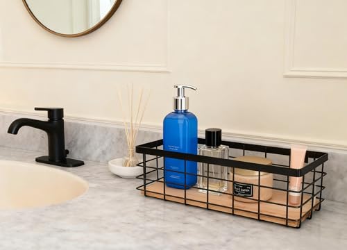 ShabbyDecor Small Metal Wire Basket Detachable Wood Base Storage Organizer Bathroom Counter Storage Organizer for Makeup, Perfume & Skincare，1 Pack in Black Color - color: Black, size: Small