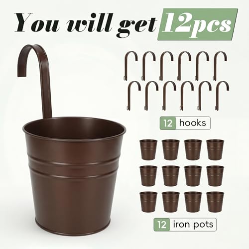 HowRU Hanging Flower Pots, Railing Planter Box for Outdoor Plants 12 Pack 5 Inch Metal Hanging Planters with Detachable Hooks Balcony Window Fence Garden Decoration Flower Boxes(Bronze(5in)) - color: Bronze(5in)