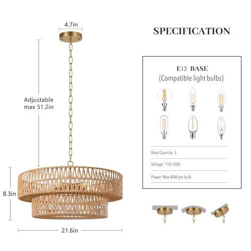 21.6 Inch Boho Rattan Chandelier, 5-Lights Hand Woven Bohemian Chandeliers with 2-Tier Drum Wicker Shade, Modern Farmhouse Large Pendant Light Fixture for Dining Room Living Entryway Bedroom - color: Gold Metal, size: 21.6 Inch