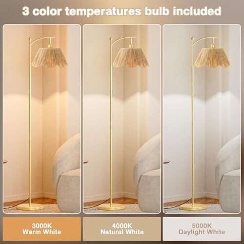 Ambimall 60" Floor Lamps for Living Room with 3 Color Temperatures, Gold Floor Lamp with Rattan Shade, Modern Tall Lamps for Bedroom Office, 9W LED Bulb Included - color: Boho & Gold