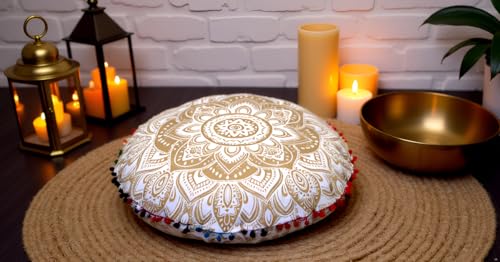 Round Mandala Floor Pillow Cover Seating Cushion Throw Cover Hippie Decorative Bohemian Ottoman Pouf Cover, Pom Pom Pillow Cases,Boho Indian 22 Inches (Gold) - color: Gold