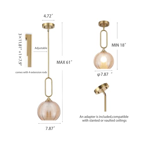 Amber Glass Pendant Light Set of 2 Modern Globe Pendant Lighting Nordic Ribbed Gold Ceiling Hanging Chandelier with Brushed Brass Adjustable Rods Dining Room Kitchen Island Light Fixture - color: Gold-Amber 2 Pack