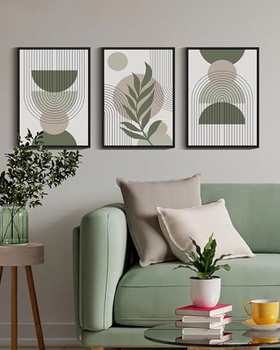 Drsoum 11x14in Boho Wall Art Green Sage Decor Framed Wood Modern Bohemian Abstract Geometry Canvas Prints Ready to Hang - Black Framed - color: green boho decor, Black Framed, size: 11" x 14"