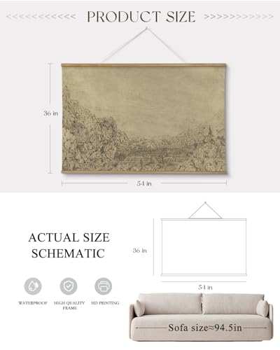 ARPEOTCY Extra Large Vintage Framed Wall Art, 36x54 Inch Sketch Valley Mountain Landscape Hanging Canvas Prints, Scroll Wall Decor for Living Room Bedroom, Retro Scenery Pictures Above of Bed - color: Sketch the Valley