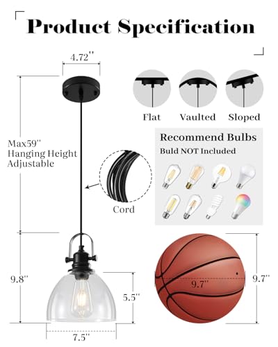 Black Pendant Lights Kitchen Island, 7.5'' Modern Glass Pendant Light 2 Pack, Farmhouse Pendant Lights with Clear Glass Shades, Hanging Island Pendant Lights for Kitchen, Bedroom, Bathroom - color: Clear Glass-Black+Cord, size: 2-Pack
