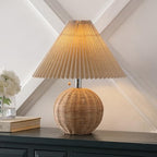 JONATHAN Y 17.25" Natural/Chrome/Dark Beige Sphere Table Lamp, Mid-Century Bedside Nightstand with Beige Pleated Linen Shade, Scandinavian Coastal Style, LED Bulb Included (JYL1145C) - color: Natural