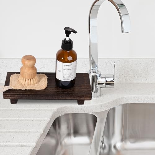zoocatia Small Wood Tray Pedestal Stand Farmhouse Bathroom Decor Decorative Wooden Riser Kitchen Soap Dish Holder for Vanity, Counter, Sink, 10" x 4.5" - Drak Brown - color: Dark Brown, size: 10" x 4.5" x 1.6"