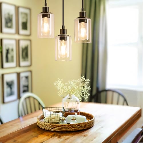 MAXvolador Industrial 3-Light Pendant Light, Adjustable Hanging Light Fixture with Clear Glass Shade, Pendant Lighting E26 Base Ceiling Lamp, Oil-Rubbed Bronze - color: Oil-Rubbed Bronze