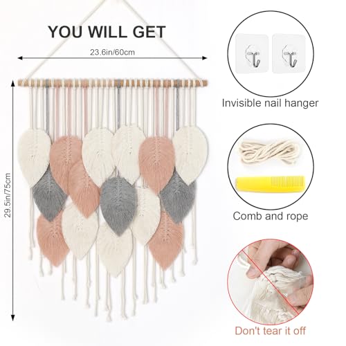Alynsehom Macrame Wall Hanging, Boho Woven Tapestry, Chic Modern Bohemian Handmade Leaf Feather Wall Art Home Decor for Apartment Dorm Living Room Bedroom Nursery Backdrop(23.6" W X 29.5" L) - color: Pink Beige-23.6"W X 29.5"L