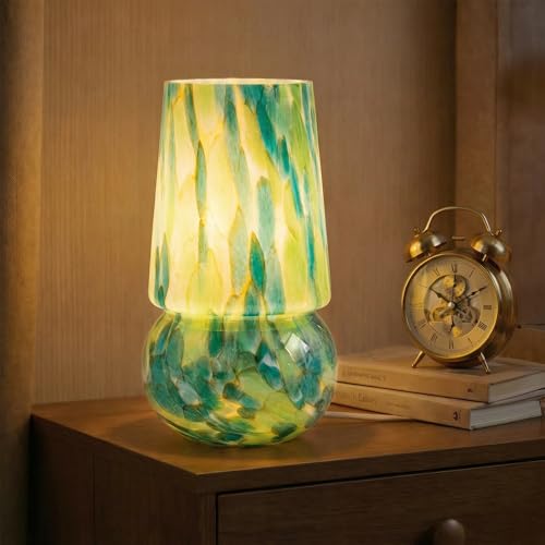 9.8 Inch Mushroom Table Lamp, UL Listed Dimmable Small Desk Bedside Lamp with Woven Beige Cord, Handcrafted Pattern, Murano Home Decor for Bedroom, Living Room, Emerald Teal, No Bulb Included - color: Emerald Teal