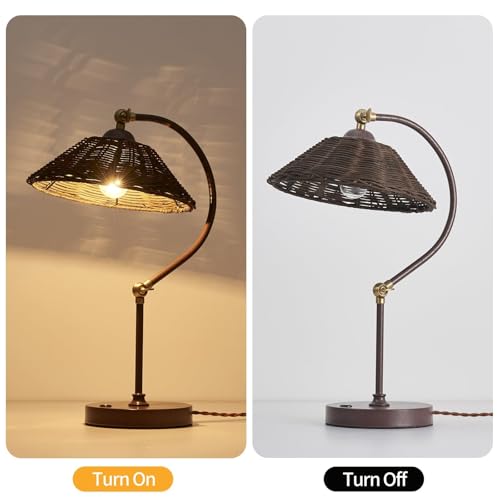 2 Pack Woven Rattan Table Lamp, Boho Plug in Handmade Rattan Shade & Anti-Rust Iron Base Desk Lamp, Plug & Play Vintage Dark Brown Bedside Lamp for Living Room, Office, Bedroom 【Bulb Included】