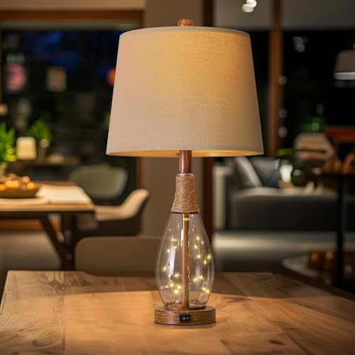 OYEARS 23" USB A+C Table Lamps for Bedroom Living Room Modern Bedside Lamps Retro Farmhouse Rattan Glass Nightstand Nightlight Lamps,Two Light Points - color: Walnut