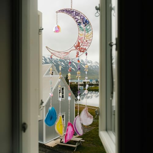 7 Chakra Wind Chimes Tree of Life Agate Moon Dream Catchers Hanging Ornament Natural Gem Agate Slice Crystal Wind Chime for Home Garden Decoration (Color) - color: Color
