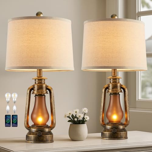 25" Set of 2 Rustic Lantern Table Lamps for Living Room Bedroom, 2 USB Ports Farmhouse Vintage Bedside Desk Lamp Nightlight for Entryway Office End Table, 4 Bulbs Included - color: Brass Color - 25'' Lantern Lamps