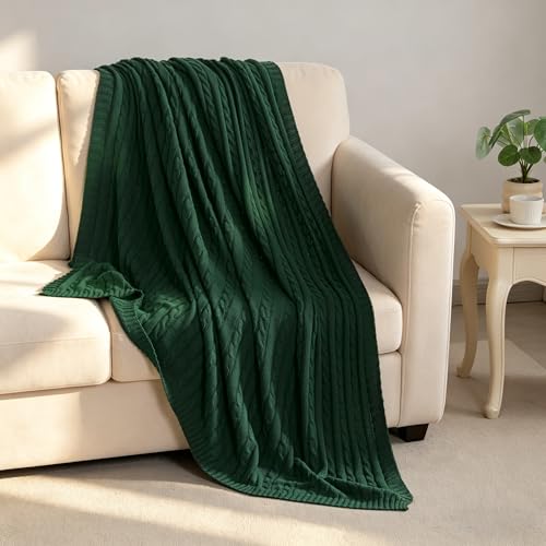 NTBAY 100% Pure Cotton Cable Knit Throw Blanket, Super Soft Warm 51x67 Knitted Throw Blanket for Couch, Sofa, Chair, Bed - Extra Cozy, Machine Washable, Comfortable Home Decor, Dark Green - color: Dark Green, size: Throw(51"x67")