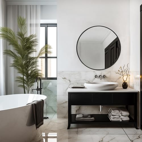 Sunniry Round Mirror 22 inch, Black Circle Mirror, Round Wall Mirrors Matte Metal Frame, Circle Mirrors for Living Room, Bathroom, Wall, Entryway, Rustic. - color: Black, size: 22"L x 22"W